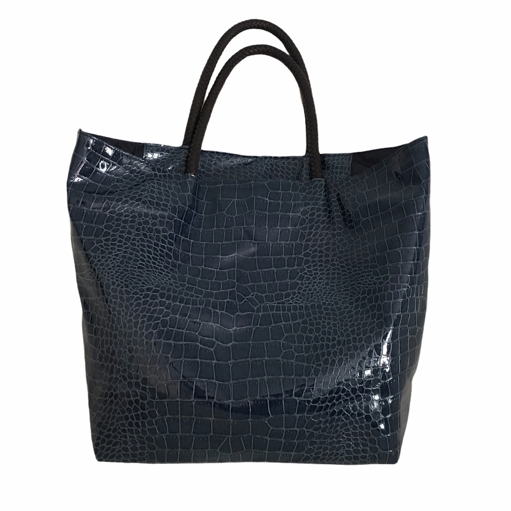 Vintage dark lake blue Tote Bag with braid handles